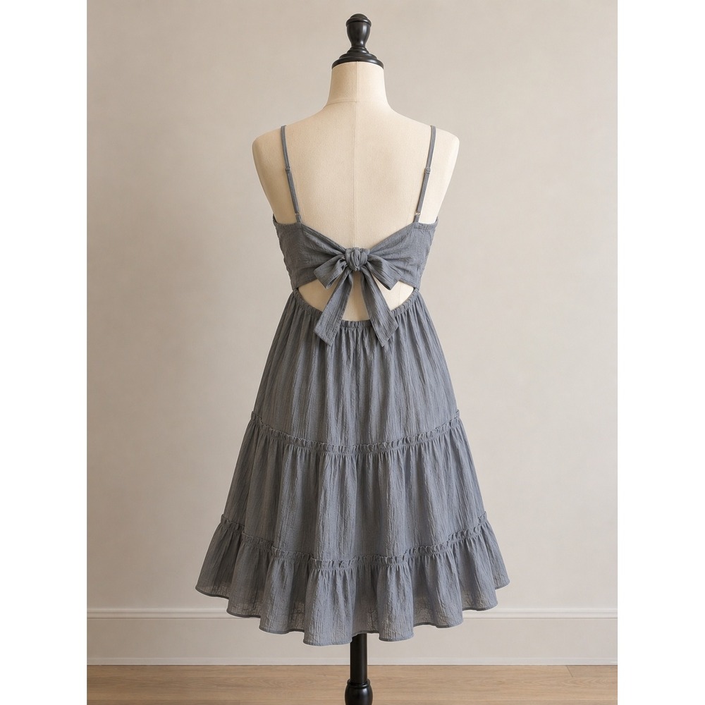 Love Tree Sage Gray Crochet Gauze Tiered Mini Dress | Boho Cottagecore | Small